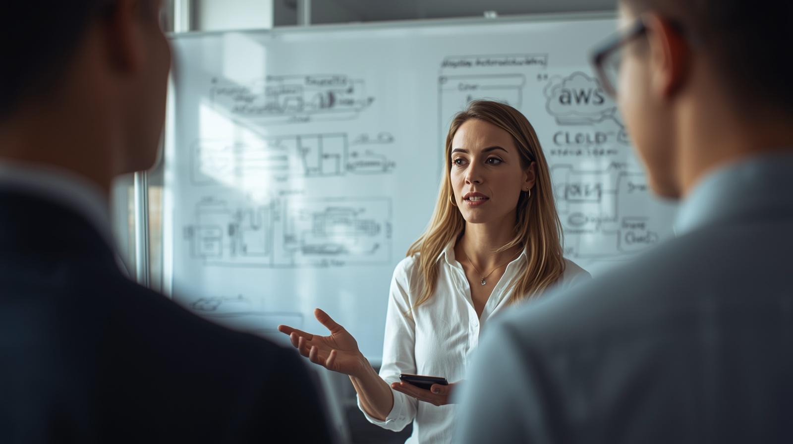 Cloud architect discussing AWS system architecture with recruiter