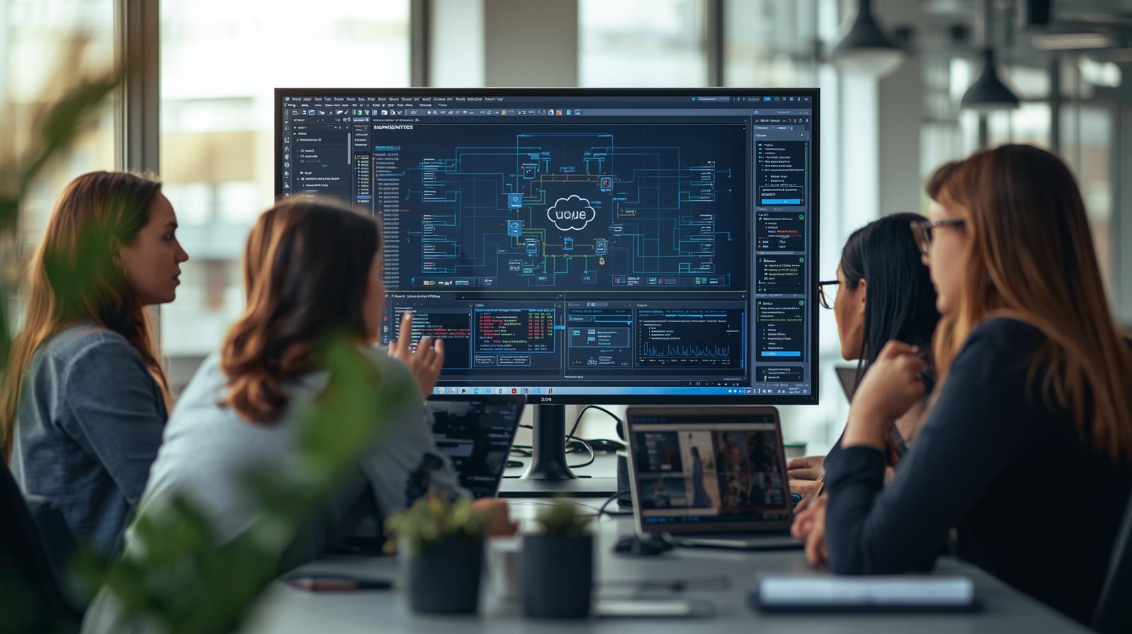 Cloud engineers analyzing Kubernetes infrastructure and Terraform code in a modern engineering workspace