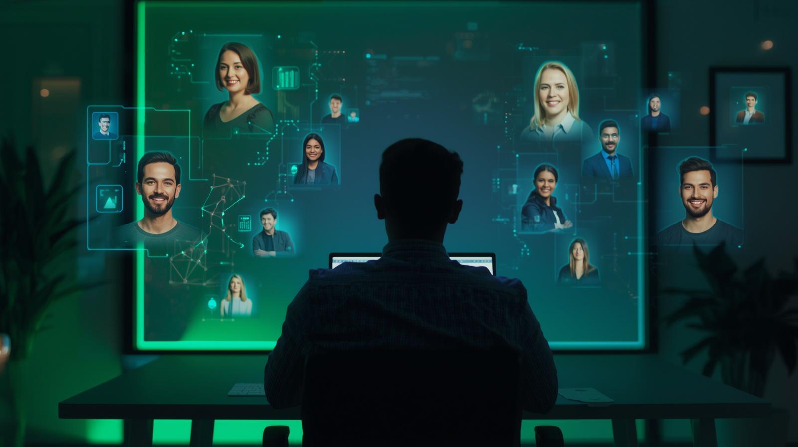 Recruiter analysiert LinkedIn-Feed mit sichtbaren Talentprofilen in moderner Büroumgebung.