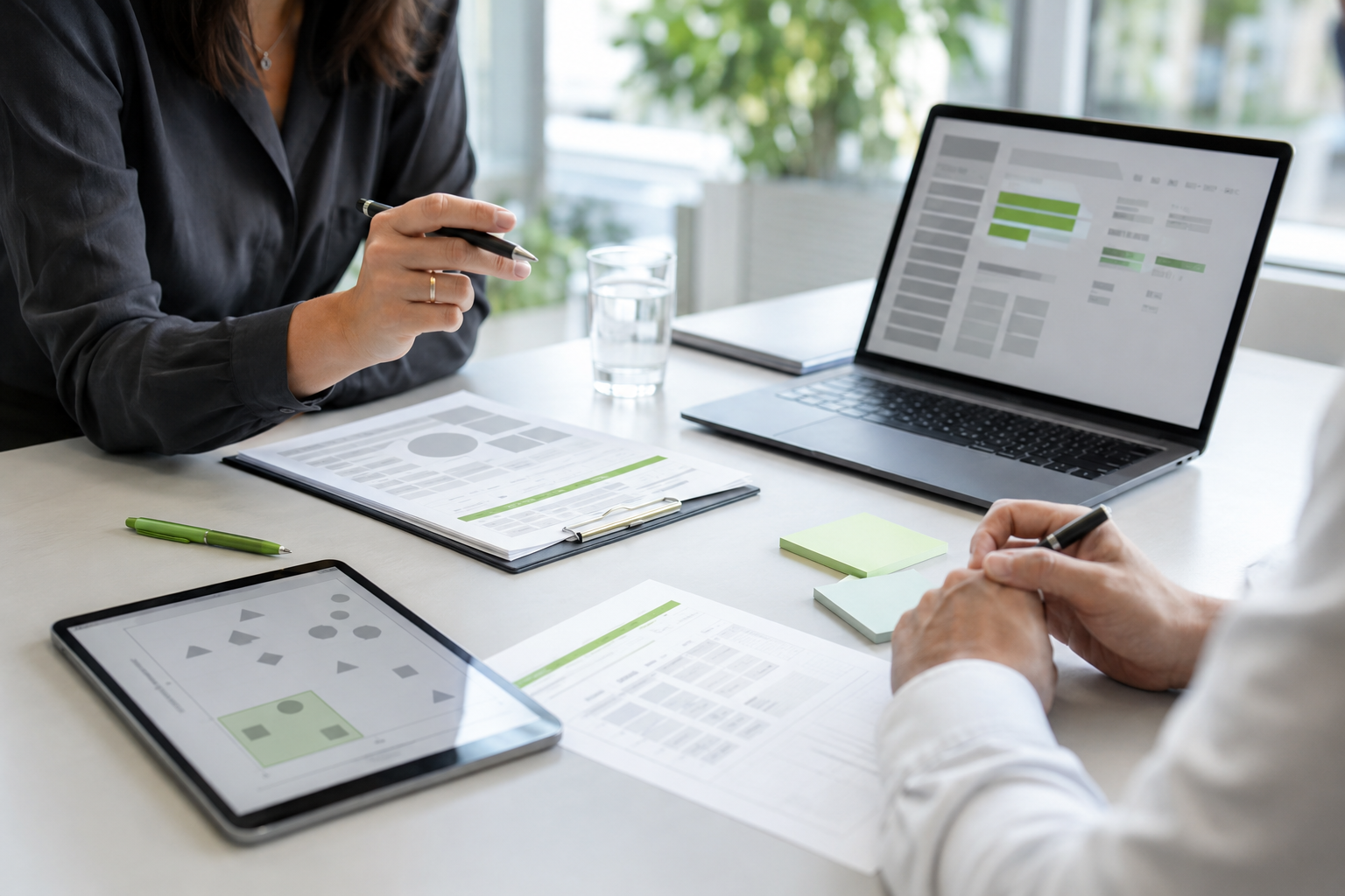 Hiring Manager und Recruiting-Team prüfen Interviewkriterien für eine anspruchsvolle IT-Rolle
