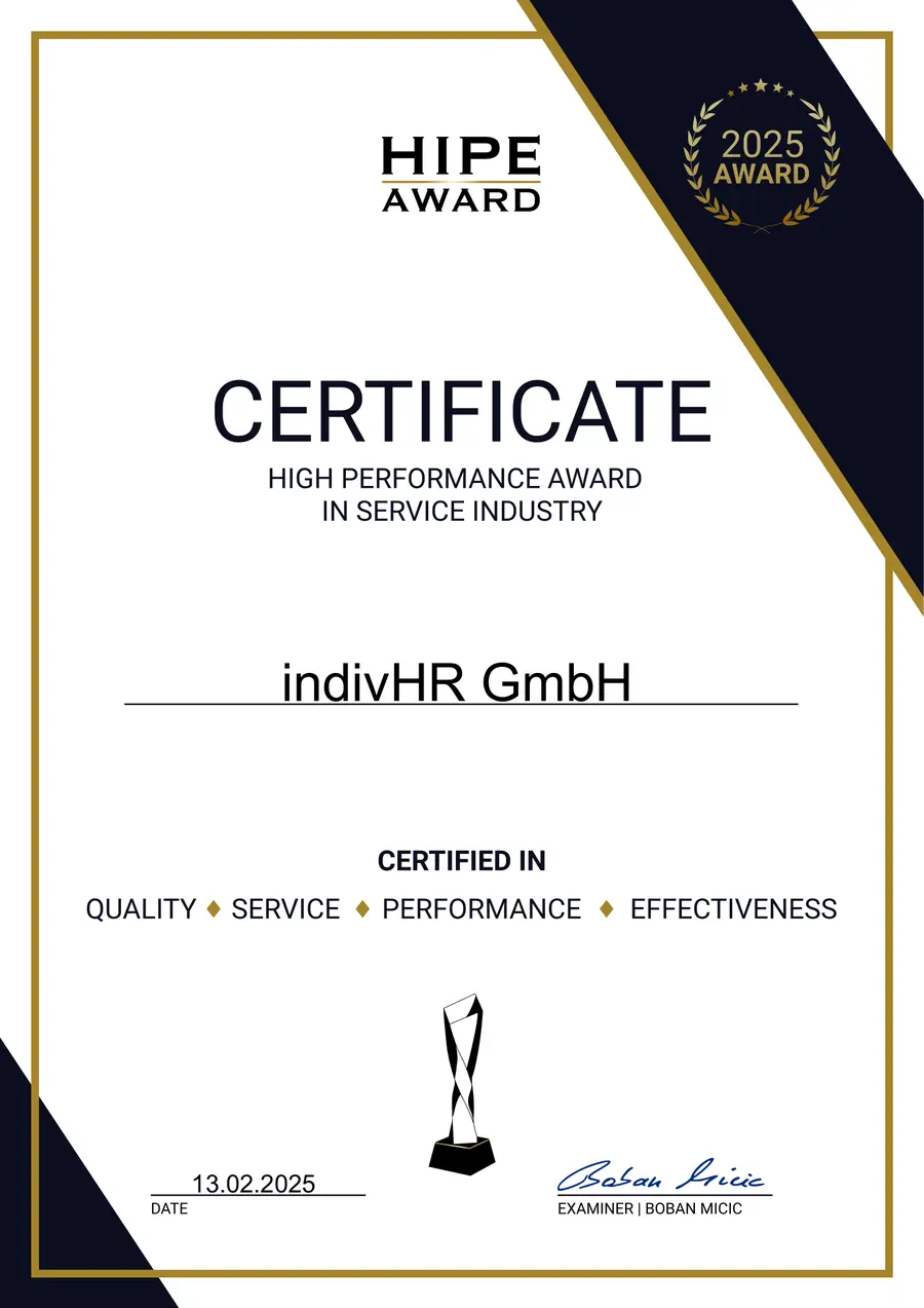HIPE AWARD Zertifikat indivHR