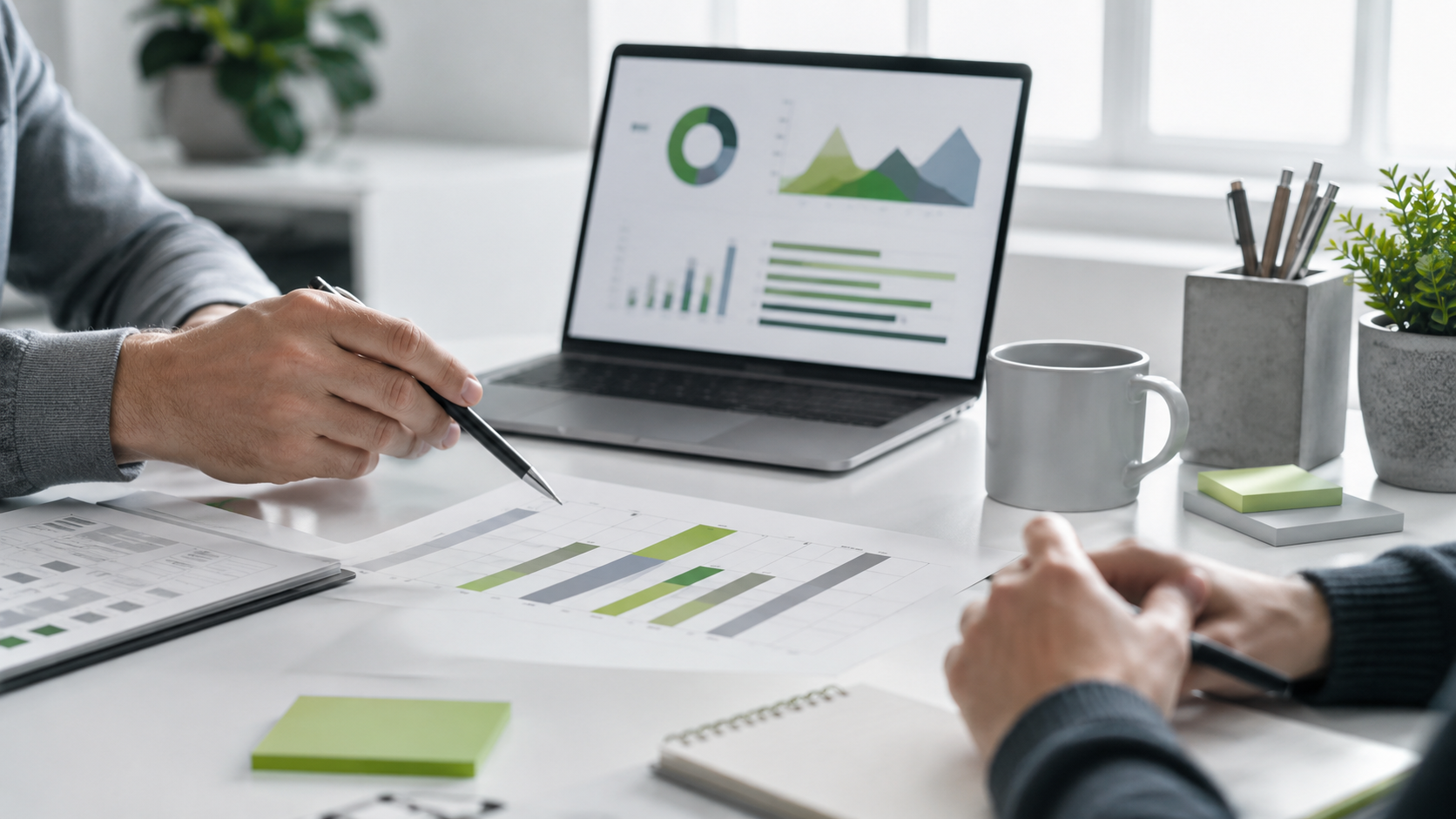 Heller Meetingtisch mit Rollenbriefing und Gehaltsrahmen-Analyse für IT-Recruiting